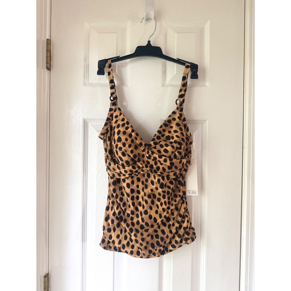 Dkny Other - DKNY Leopard Print Tankini Top V-Neck Ruched Swimwear Tan Black DIMKS208 Small
